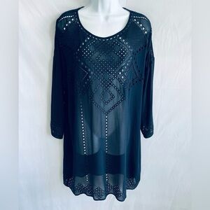 Club Monaco 100% Silk Shell Navy Blue Geometric Embroidered Tunic